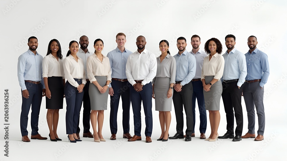 Fototapeta premium Diverse group of professional office workers collaborating in a modern coworking space with a soft blurred background, capturing a dynamic business environment and productive corporate teamwork.