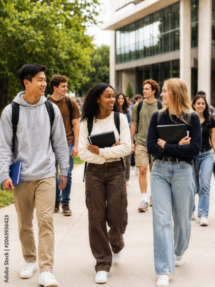 Fototapeta premium A diverse group of students walking and chatting on a sunny college campus. Engaging social atmosphere and youthful energy.