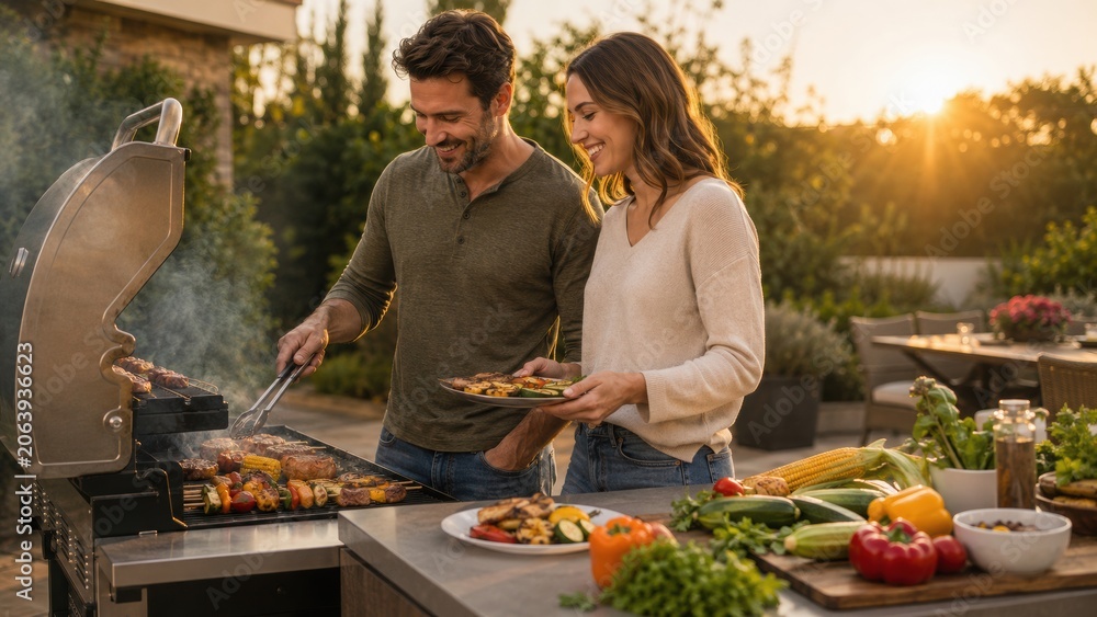 Obraz premium Couple grilling vegetables and meat on barbecue in backyard during sunset, with fresh produce and outdoor dining furniture visible in the background