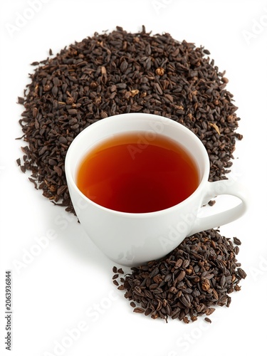 Embrace the pure essence of tea culture with this clean and sophisticated minimalist composition. A classic white ceramic cup holds a rich, amber-hued black tea infusion, elegantly nestled within 