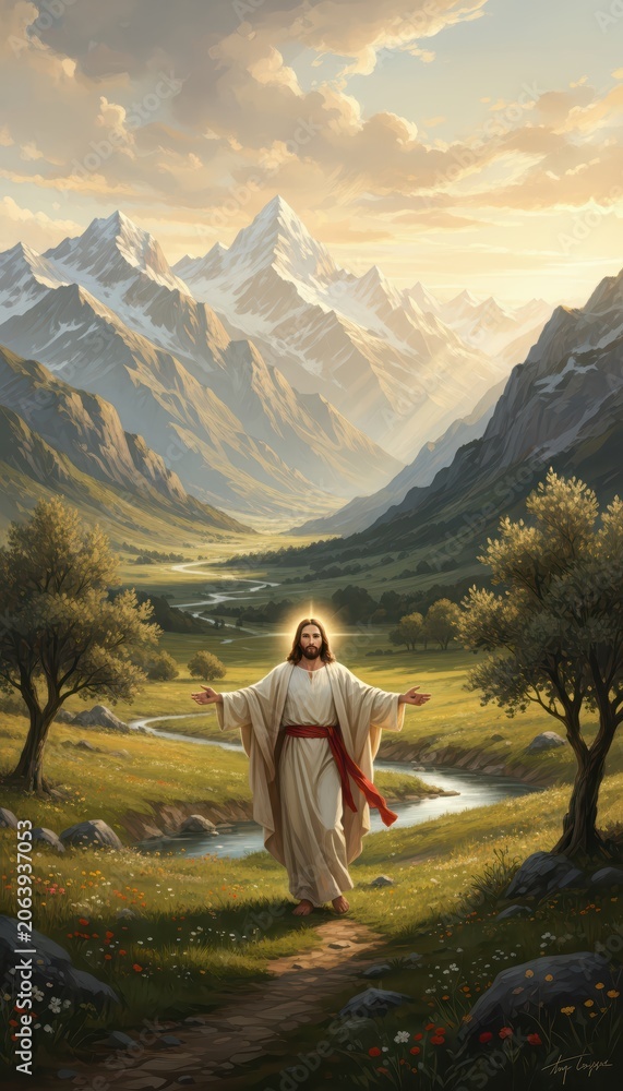 Fototapeta premium Jesus Christ with arms outstretched in a majestic mountain valley, spiritual landscape with divine golden light and flowing river. Religious digital art illustration for church, poster and web design
