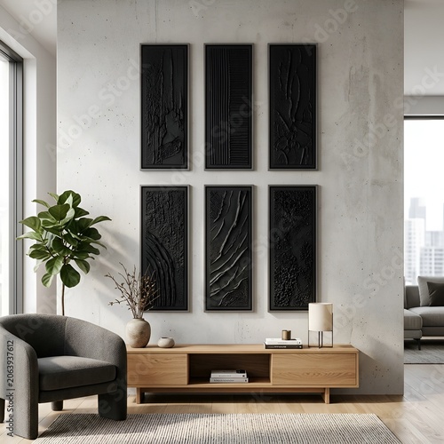 Modern Living Room with Abstract Black Wall Art, Armchair, and Wooden Cabinet
