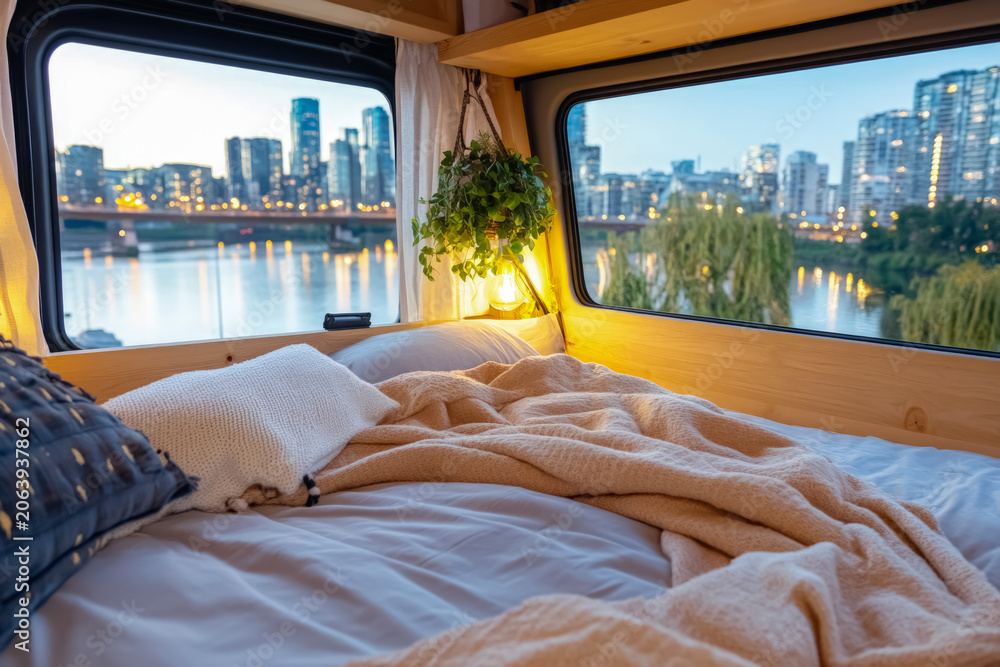 Fototapeta premium Cozy Bed Platform in Luxury Campervan with Warm Ambient Lighting