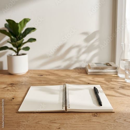 Open Notebook and Pen on Wooden Desk with Plant and Sunlight Shadows