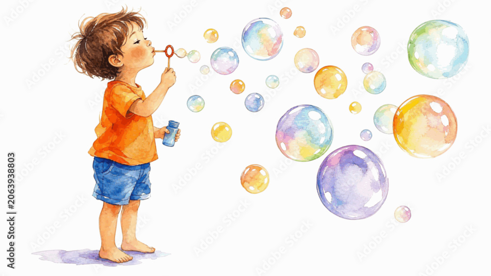 Fototapeta premium Tiny Joy Bubble Blowing Kid isolated watercolor vector illustration svg