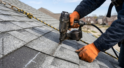 Worker using pneumatic nail gun to install asphalt shingles on steep residential roof construction.