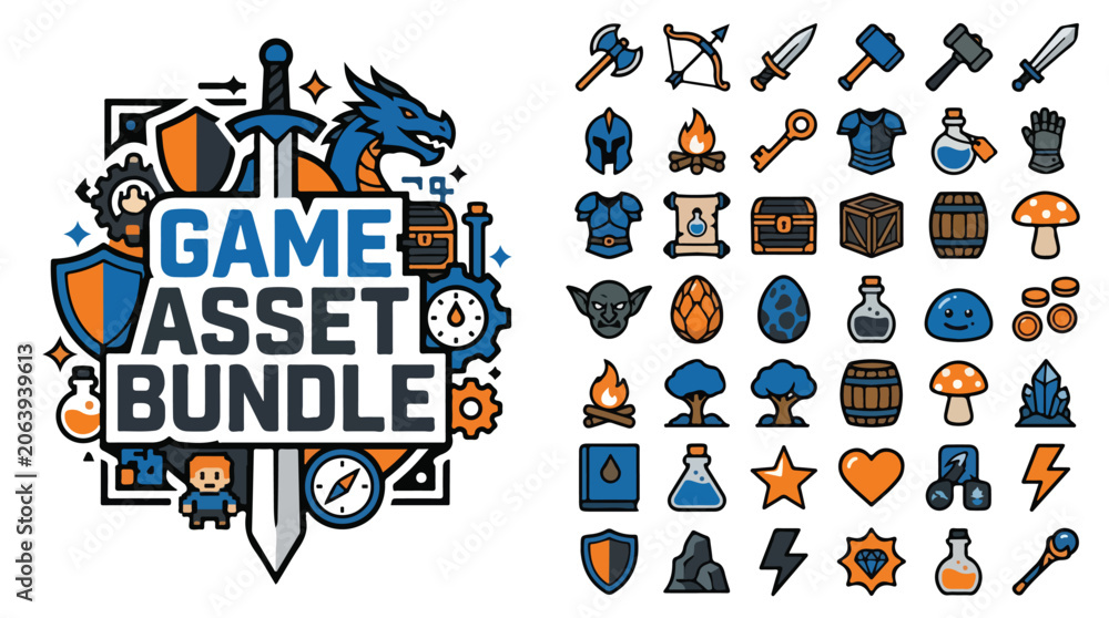 Fototapeta premium Fantasy Game Asset Bundle, 40 RPG Icons Vector Set, Medieval Adventure UI Elements with Sword and Dragon, Blue and Orange Gaming Graphics