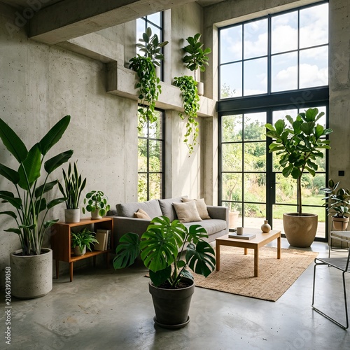 Modern living room with lush green plants, concrete walls, and large windows