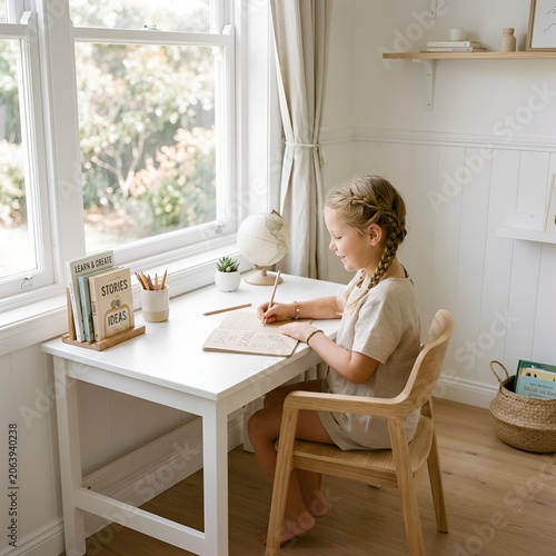 Young girl focused on homework at a bright, sunlit desk by a window