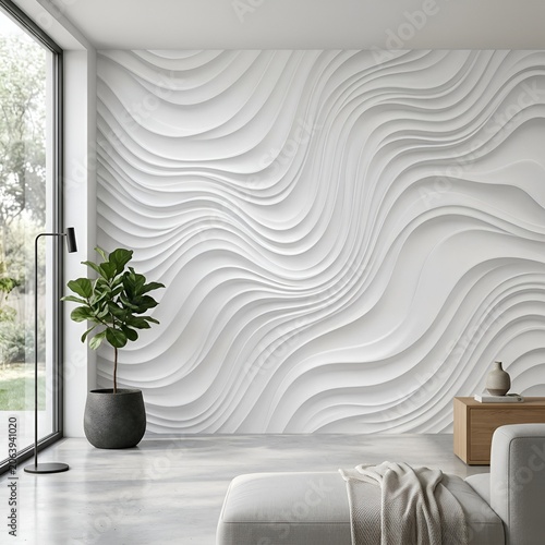 Modern Interior Design with Textured White Wave Wall and Green Plant