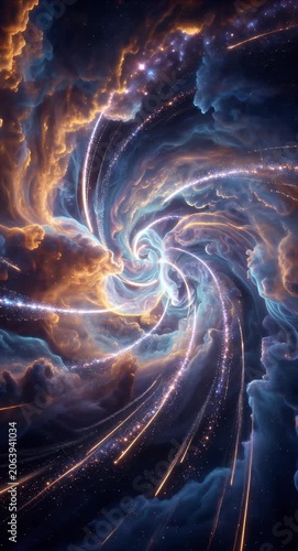 Nebula Cosmic vortex spiral galaxy nebula cloud star field space dust light swirl, abstract deep space scene with luminous spiral and swirling gas, dramatic motion energy glow blue orange cosmic storm