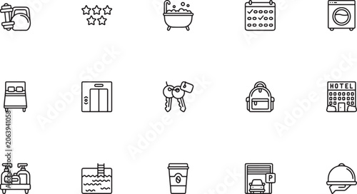 Photos Hotel booking, travel accommodations, and amenities outline vector icons