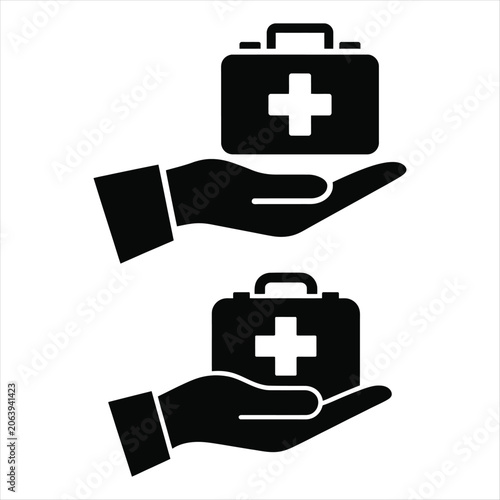 Hands Holding First Aid Kit Icons Black And White vector
