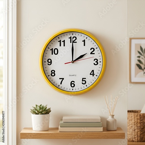 Yellow Wall Clock Showing Time Near Noon on Shelf with Plant and Books