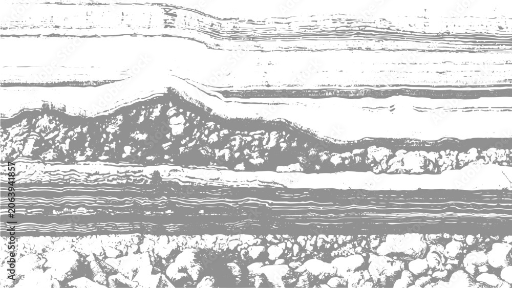 Obraz premium Detailed Monochrome Cross Section of Geological Strata and Rock Formations with Layered Textures Contour Lines and Scientific Illustration Style.