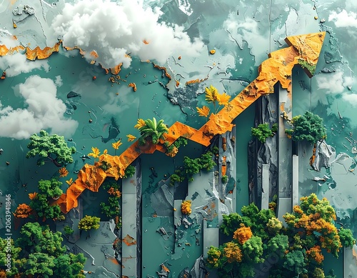 A vibrant yellow arrow ascends through a rocky landscape with lush greenery