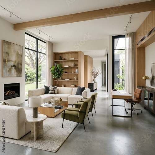 Modern Living Room with Fireplace, Office Nook, and Large Windows