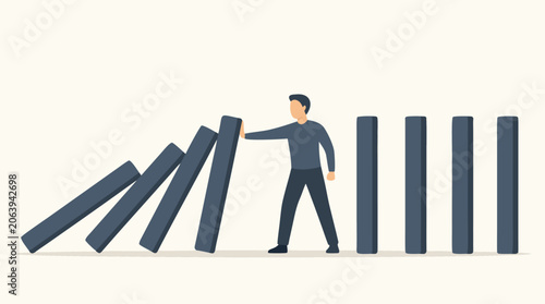 Domino effect concept with a faceless person intervening to stop the falling blocks, flat vector illustration of crisis management, risk prevention, leadership, and proactive problem solving.