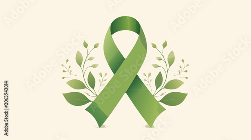 Mental health awareness green ribbon symbol, flat vector illustration on a light background representing support for psychological wellbeing, depression advocacy, and communal care strength.