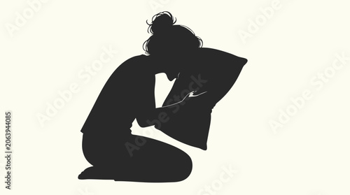 Emotional silhouette of a person screaming silently into a pillow, flat vector illustration, depicting frustration, stress, anxiety, mental health, despair, and the release of hidden emotions.