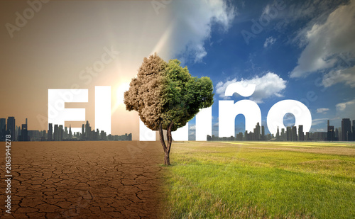 El Niño concept of weather phenomenon cause drought and Dry cracked soil. El Niño Concept of change climate. Climate pattern the unusual warming of surface water eastern tropical Pacific Ocean.