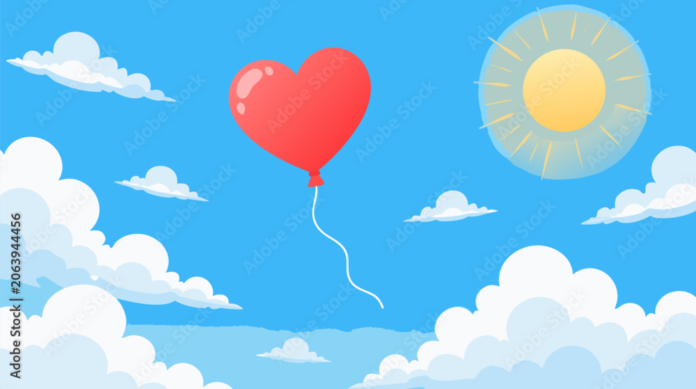 Obraz premium Romantic red heart shaped balloon floating upwards into a clear blue sky, flat vector illustration of love celebration and anniversary concept for cards or wedding invitations design.