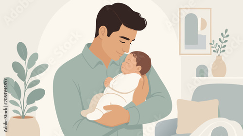 Tender flat vector illustration of a father gently holding his newborn baby in his arms, symbolizing paternal love, protection, family care, and the beautiful bond between parent and child.