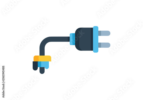 Electric plug with blue pins and yellow accent, connected by black cable.