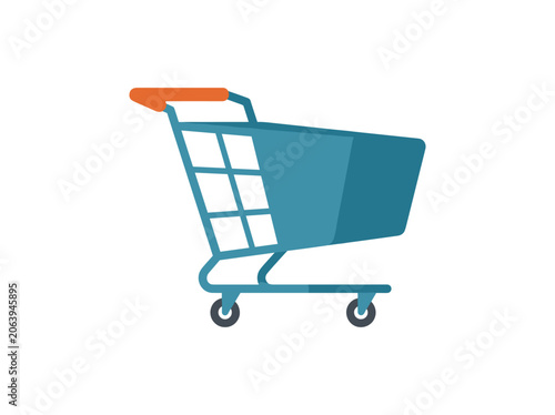 Blue shopping cart with orange handle, flat design vector illustration for online stores.