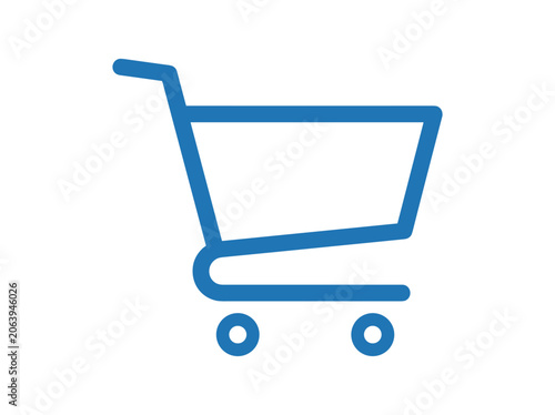 Simple blue outline shopping cart icon, minimal vector illustration for digital use.