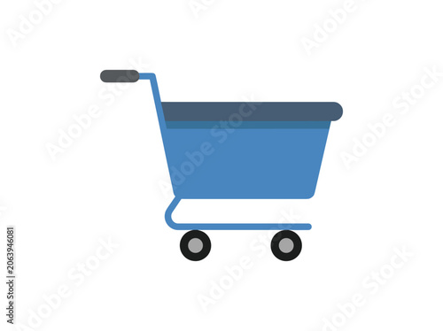 Blue shopping cart vector illustration, representing online shopping and retail concepts.
