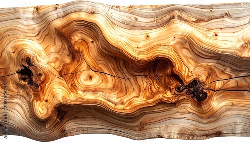 A wooden slab with intricate grain patterns on a white background