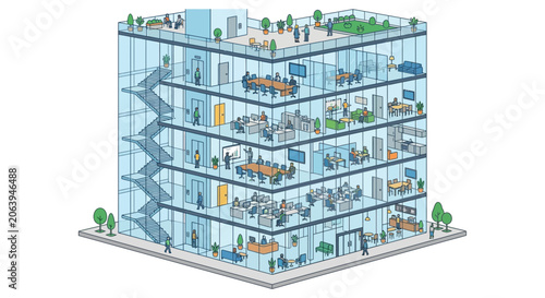 Obraz na płótnie Cutaway office building illustration depicts multiple floors with workstations m