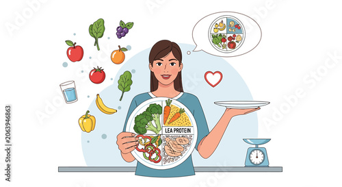 Smiling woman holding a plate with a balanced healthy meal