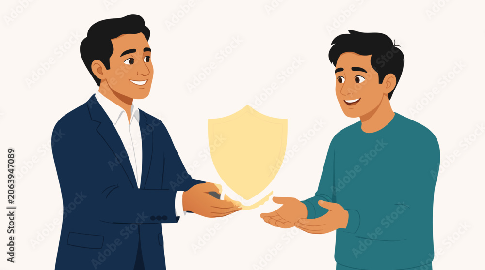 Fototapeta premium Professional financial advisor handing a glowing protective shield to a client representing wealth security, insurance coverage, and risk management in a clean modern flat vector illustration.