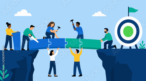Collaborative business team working together to build a wooden bridge over a canyon gap to reach a red target goal, flat vector illustration on light background symbolizing cooperation and success.