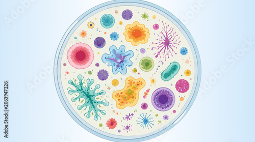 Laboratory petri dish filled with vibrant colorful growing cell cultures and bacteria, flat vector illustration for scientific research, microbiology, biotechnology, and healthcare concepts.