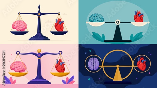 Scale perfectly balancing a human brain and a heart, flat vector illustration representing the harmony between logic and emotion, mental health, emotional intelligence, and decision making.