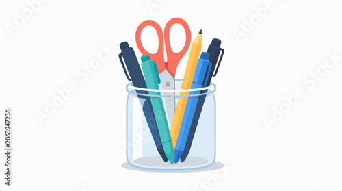 Simple Office Supplies Jar with Pens and Scissors, Flat Vector Illustration of Desktop Stationery Organizer, Creative Workspace Pen Holder and School Tools Isolated on Clean Light Background