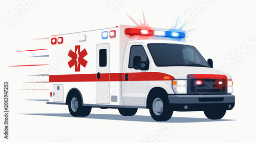 Speeding Ambulance Truck with Flashing Lights, Flat Vector Illustration of Emergency Medical Service Vehicle, Fast Healthcare Transport for Urgent Rescue Isolated on Clean Light Background