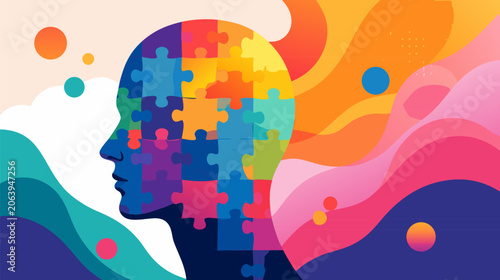 Psychology head profile filled with colorful puzzle pieces representing mental health, autism awareness, brain development, and cognitive functions in a clean flat vector illustration style.
