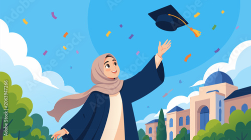 Inspiring flat vector illustration of a happy student tossing an academic graduation cap high into the air, celebrating educational achievement and a bright future on commencement day ceremonies.