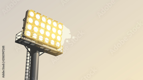 Stadium Floodlight Shining Bright, Flat Vector Illustration of Sports Arena Lighting Equipment, Professional Athletic Field Illumination Tower for Night Matches Isolated on Light Background