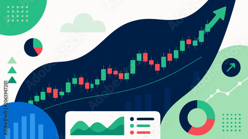 Professional flat vector illustration of a stock market candlestick chart showing a strong bullish upward trend with green candles, ideal for financial growth and investment success concepts.
