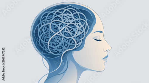 Flat vector illustration of a human head silhouette featuring a complex tangled knot of string inside, symbolizing mental health challenges, confusion, anxiety, psychological stress, and chaos.
