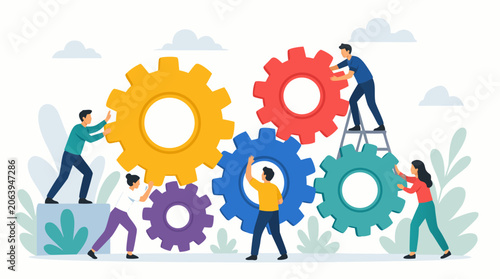 Diverse team of professional workers turning massive colorful mechanical gears together, a flat vector illustration representing business cooperation, industrial synergy, and collaborative effort.