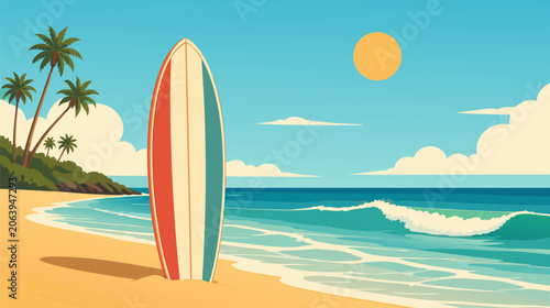 Retro vintage surfboard standing upright in tropical beach sand, flat vector illustration of summer vacation surfing gear, coastal landscape with ocean waves and sunny island holiday vibes.