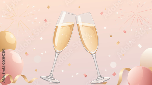 Two elegant clinking champagne flutes captured in a joyful celebratory toast, a flat vector illustration ideal for wedding anniversaries, holiday parties, New Year's Eve, and special achievements.