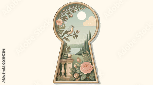 Highly detailed vintage ornate keyhole silhouette, antique door lock opening graphic, flat vector illustration of classical decorative hardware for mystery, security, and secret discovery concepts.