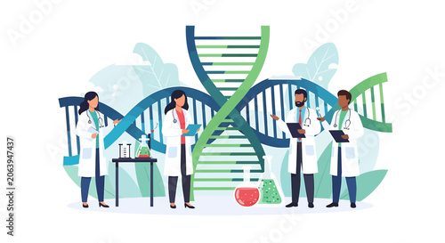 Medical scientists researching genetic engineering with dna